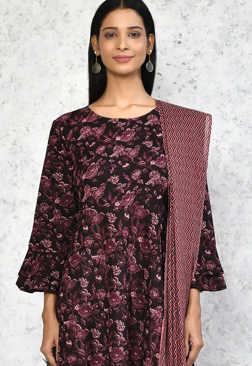 Printed Pure Cotton Aline Suit in Wine