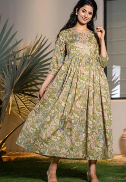 Printed Pure Cotton Aline Dress in Green