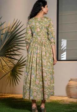 Printed Pure Cotton Aline Dress in Green