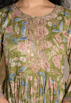 Printed Pure Cotton Aline Dress in Green
