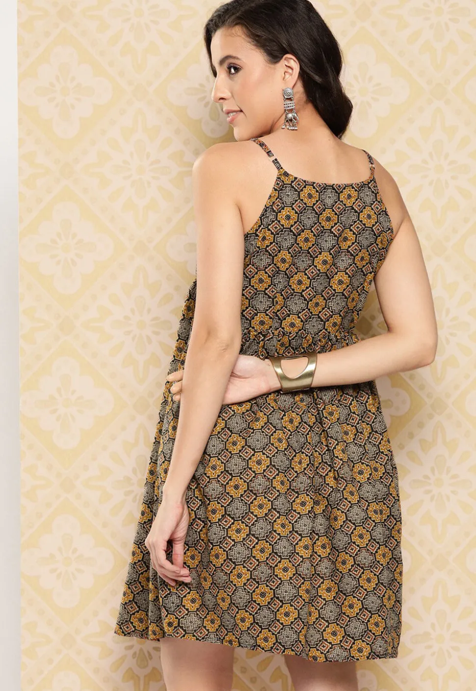 Printed Pure Cotton Aline Dress in Brown