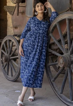 Printed Pure Cotton Aline Dress in Navy Blue