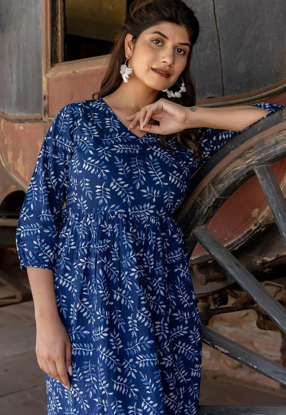 Printed Pure Cotton Aline Dress in Navy Blue