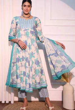 Printed Pure Cotton Aline Suit in White