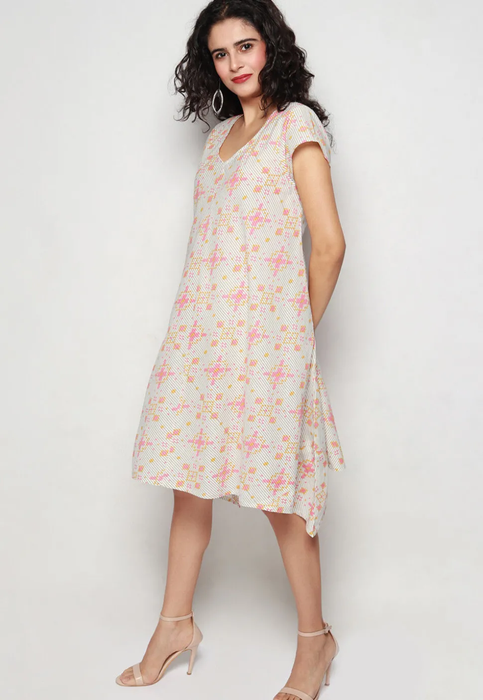 Printed Pure Cotton Aline Dress in Off White