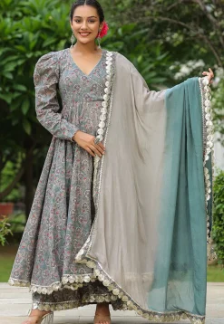 Printed Pure Cotton Aline Suit in Grey