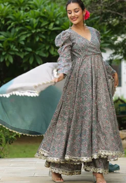 Printed Pure Cotton Aline Suit in Grey