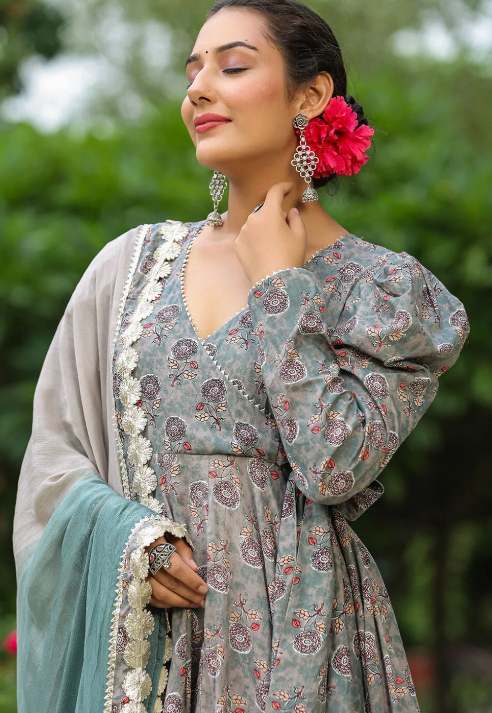 Printed Pure Cotton Aline Suit in Grey