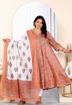 Printed Pure Cotton Aline Suit in Orange