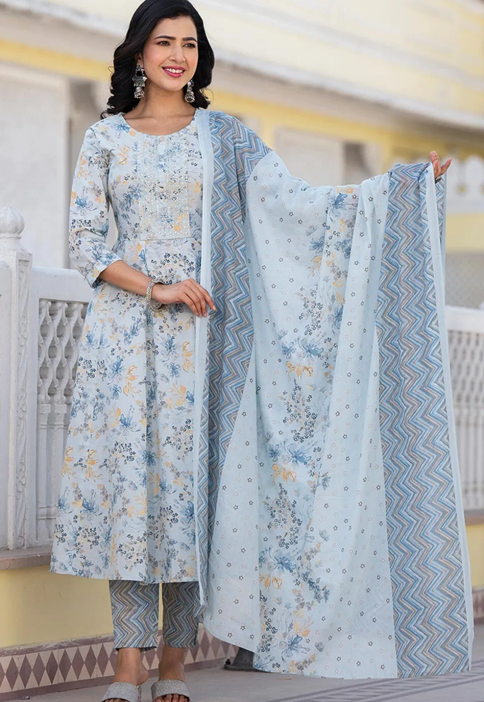 Printed Pure Cotton Aline Suit in Sky Blue