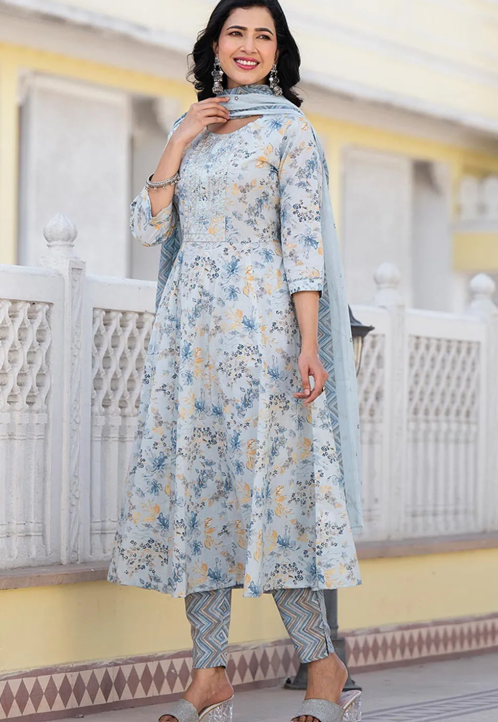 Printed Pure Cotton Aline Suit in Sky Blue