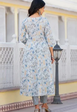 Printed Pure Cotton Aline Suit in Sky Blue