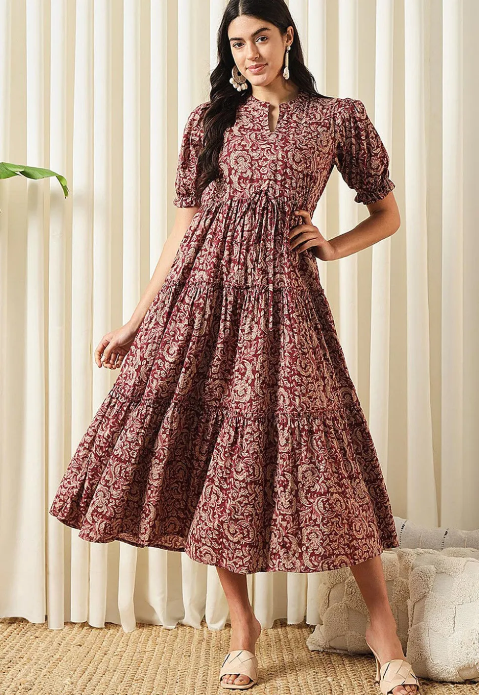 Printed Pure Cotton Aline Dress in Maroon