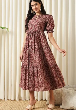 Printed Pure Cotton Aline Dress in Maroon