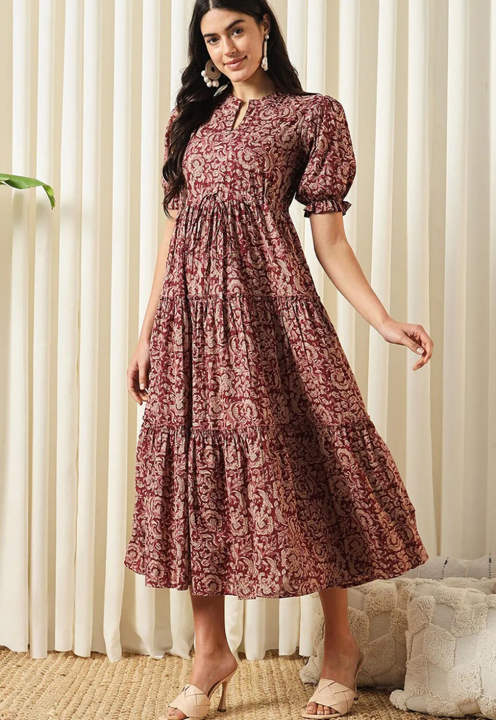 Printed Pure Cotton Aline Dress in Maroon