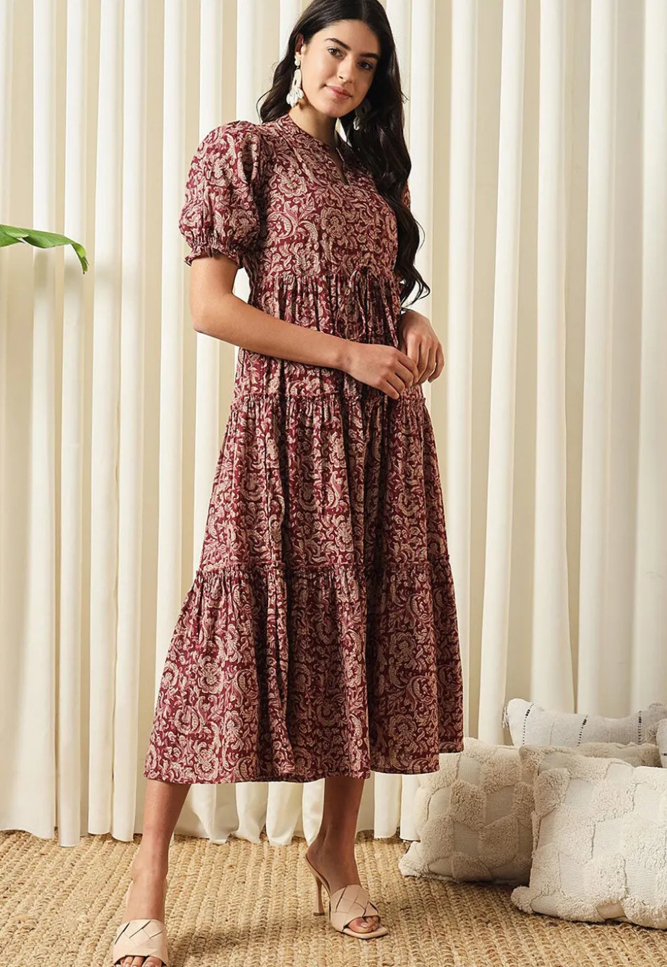 Printed Pure Cotton Aline Dress in Maroon