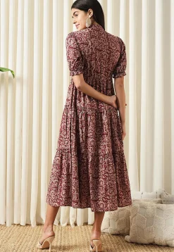 Printed Pure Cotton Aline Dress in Maroon