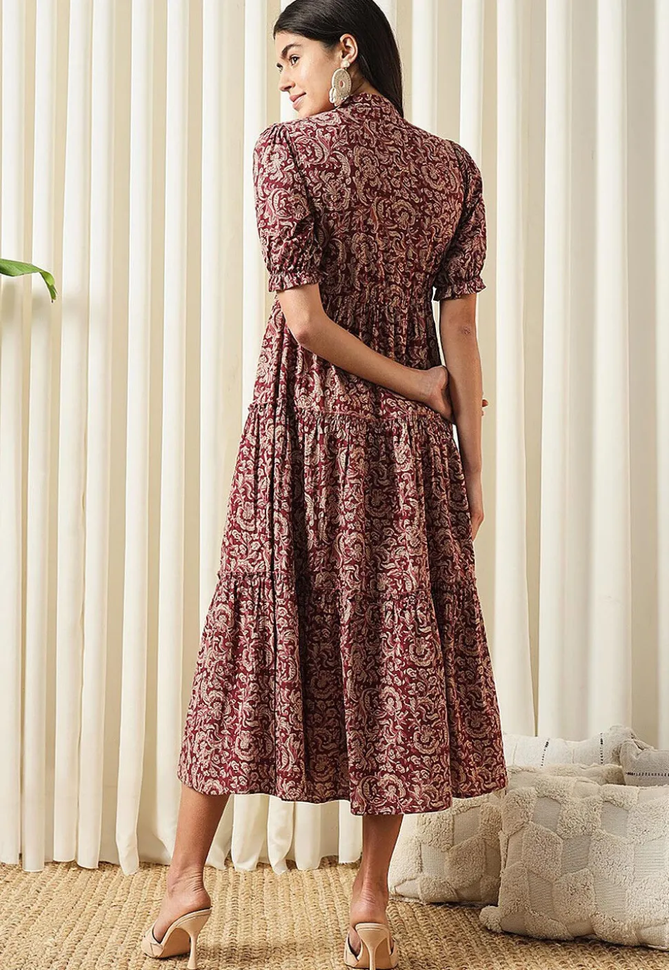 Printed Pure Cotton Aline Dress in Maroon