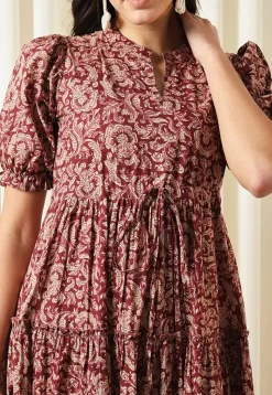 Printed Pure Cotton Aline Dress in Maroon