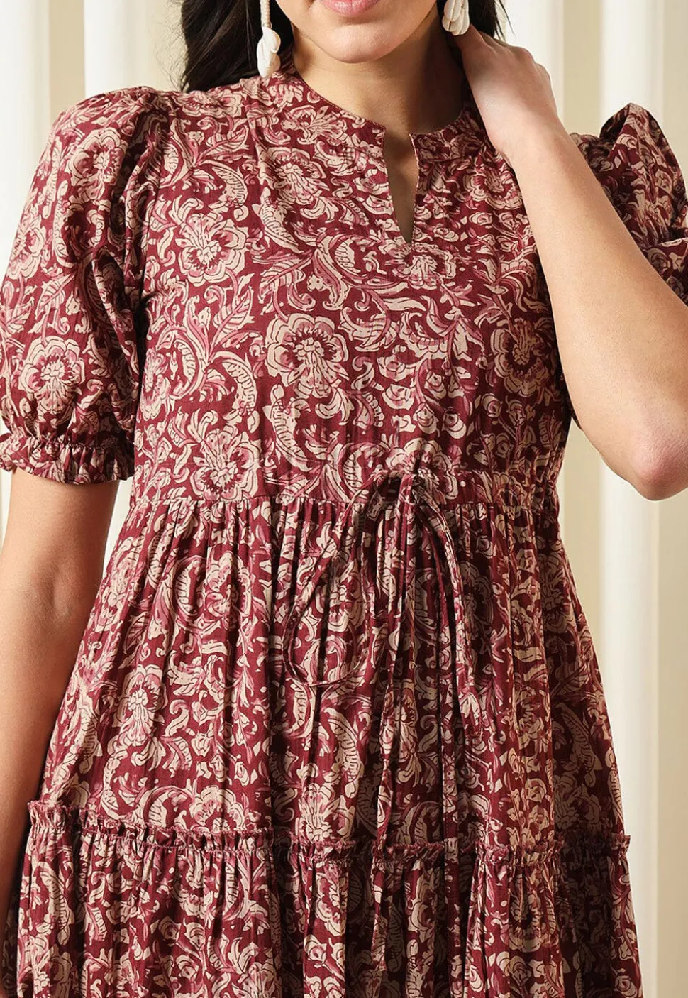 Printed Pure Cotton Aline Dress in Maroon