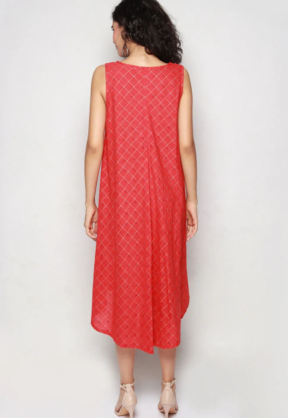 Printed Pure Cotton Aline Dress in Red