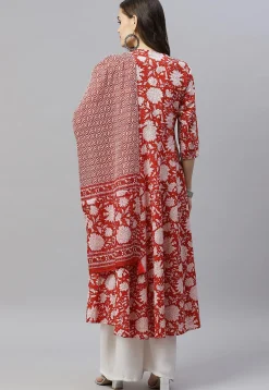 Printed Pure Cotton Aline Suit in Red