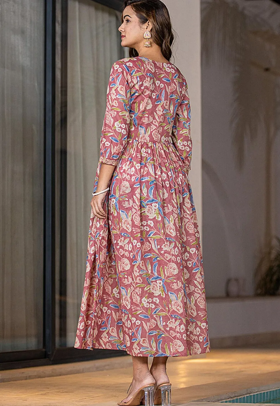 Printed Pure Cotton Aline Dress in Old Rose
