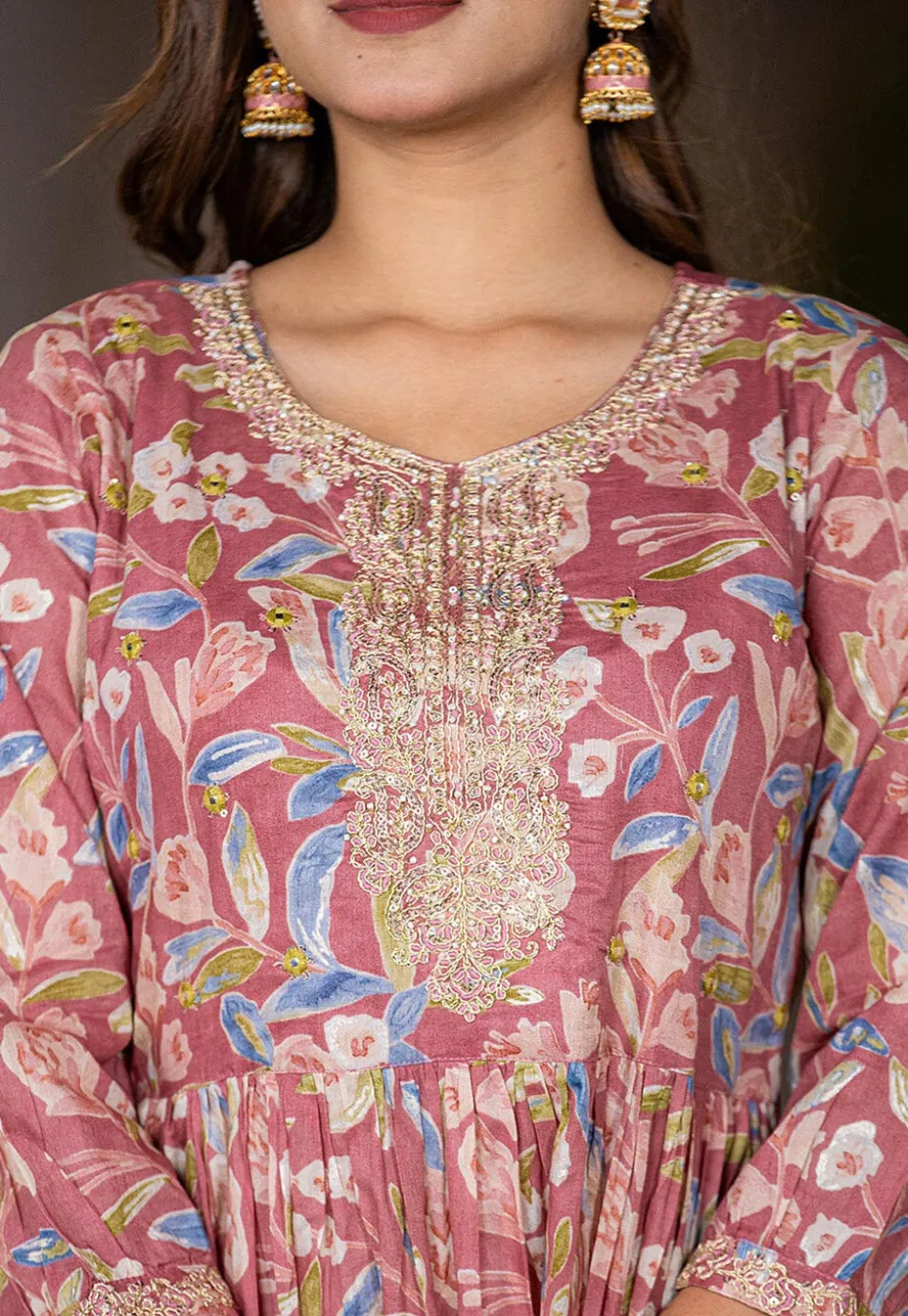 Printed Pure Cotton Aline Dress in Old Rose