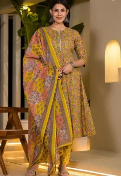 Printed Pure Cotton Aline Suit in Yellow