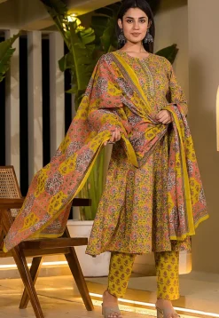 Printed Pure Cotton Aline Suit in Yellow