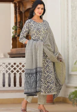 Printed Pure Cotton Aline Suit in Grey and Beige