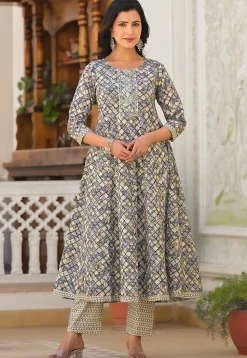 Printed Pure Cotton Aline Suit in Grey and Beige