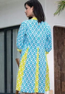 Printed Pure Cotton Aline Dress in Blue
