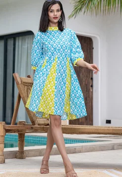 Printed Pure Cotton Aline Dress in Blue