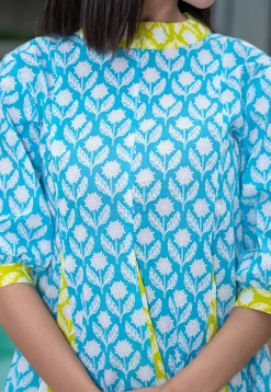 Printed Pure Cotton Aline Dress in Blue