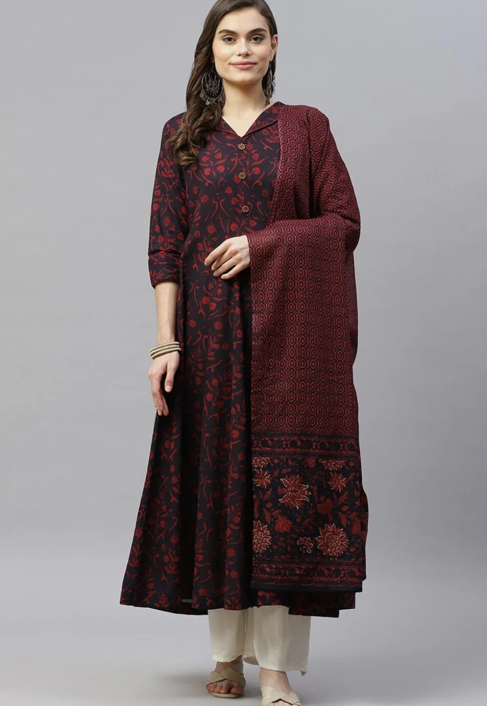 Printed Pure Cotton Aline Suit in Black