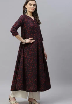 Printed Pure Cotton Aline Suit in Black