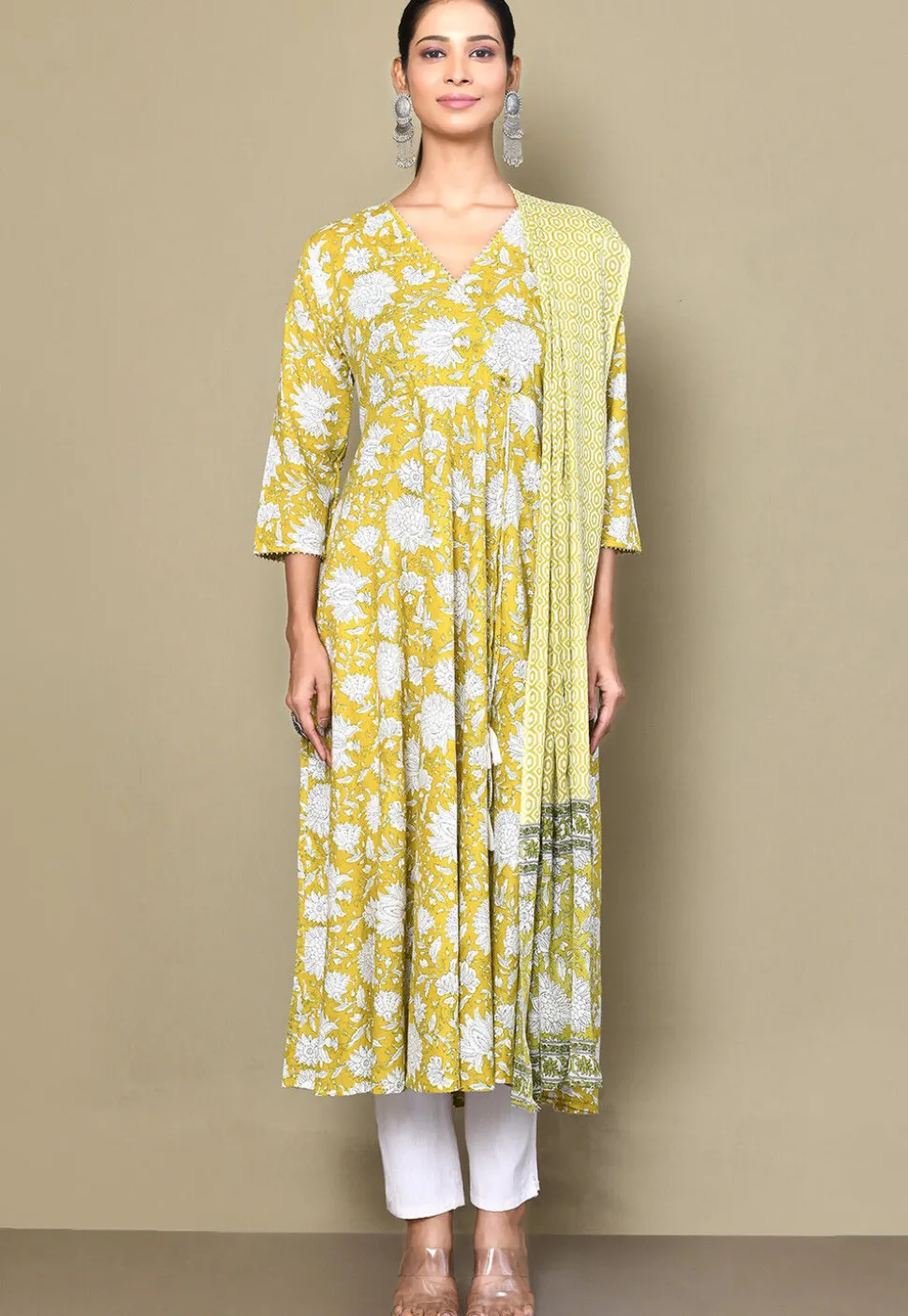 Printed Pure Cotton Aline Suit in Yellow