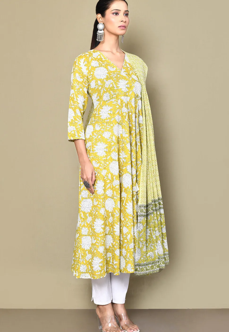 Printed Pure Cotton Aline Suit in Yellow