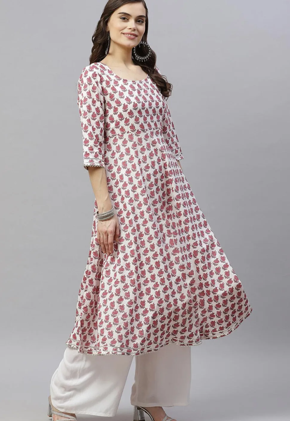 Printed Pure Cotton Aline Suit in White