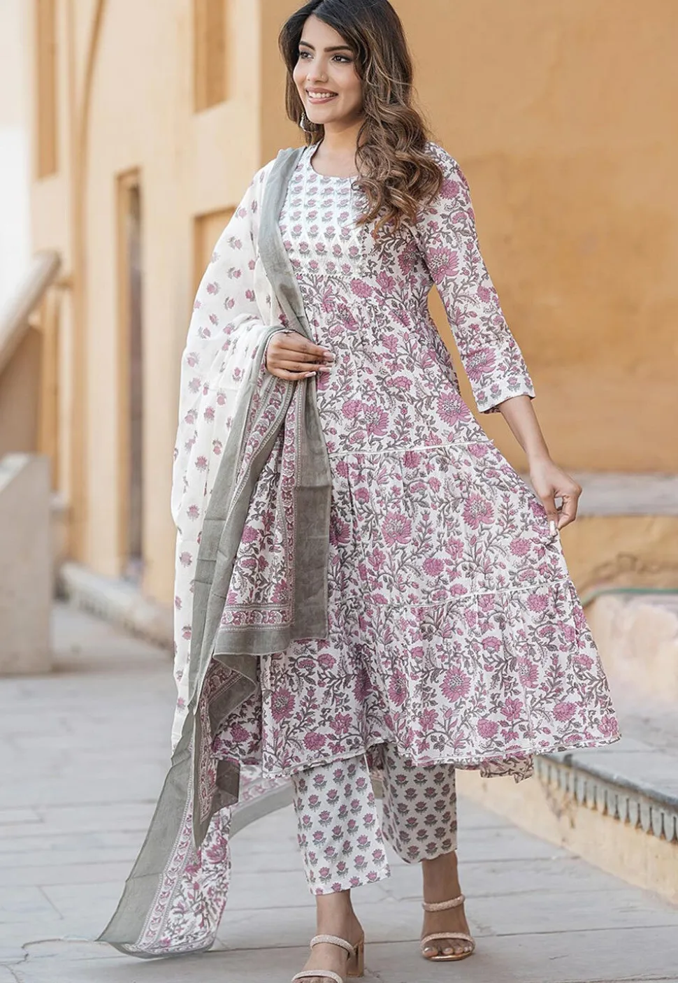 Printed Pure Cotton Aline Suit in White and Purple