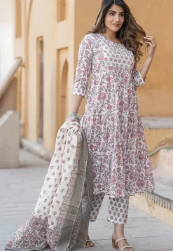 Printed Pure Cotton Aline Suit in White and Purple