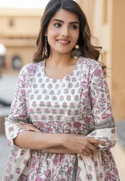 Printed Pure Cotton Aline Suit in White and Purple