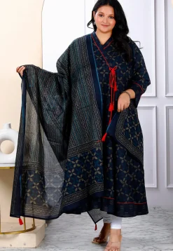 Printed Pure Cotton Aline Suit in Navy Blue