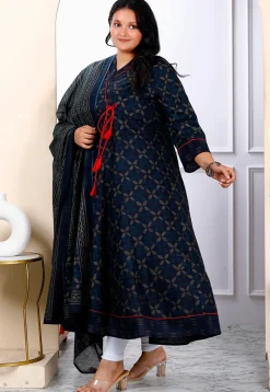 Printed Pure Cotton Aline Suit in Navy Blue