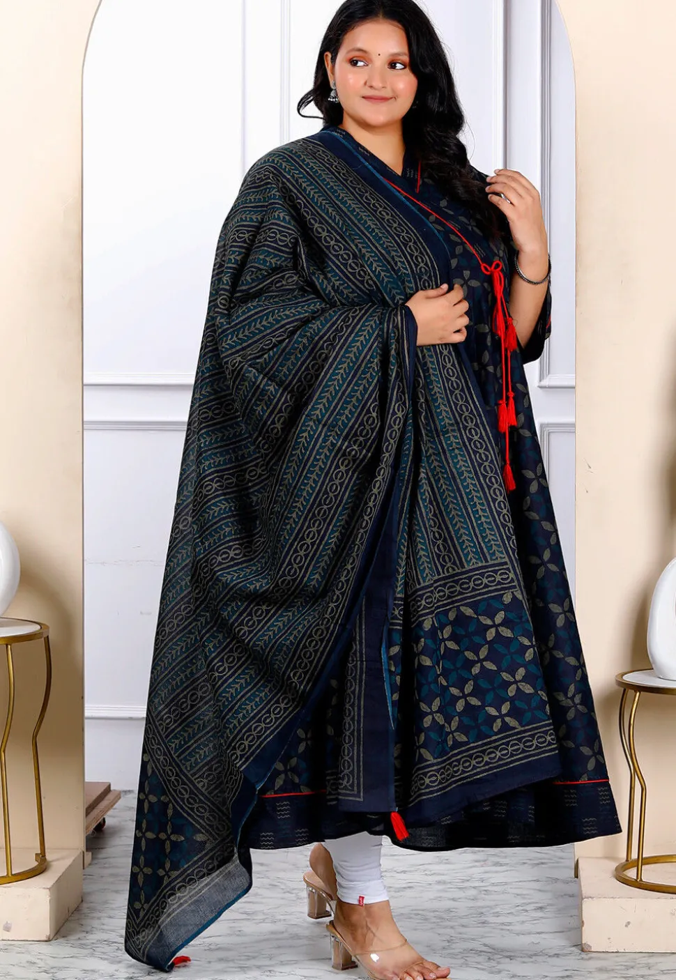 Printed Pure Cotton Aline Suit in Navy Blue