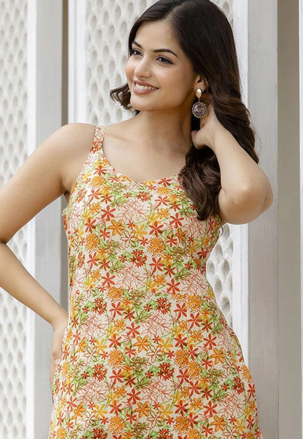 Printed Pure Cotton Aline Dress in Multicolor
