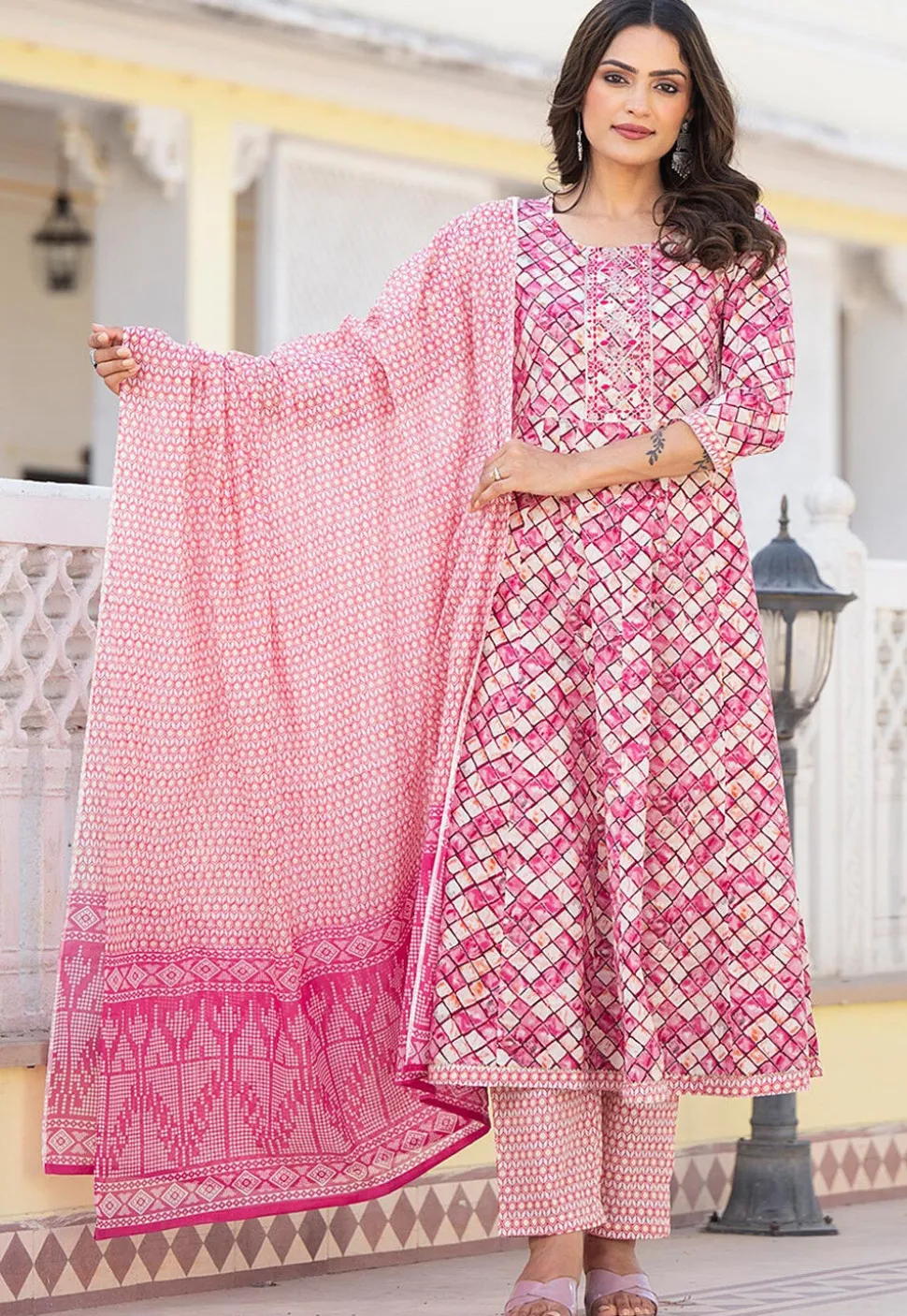 Printed Pure Cotton Aline Suit in Dark Pink and Cream