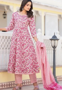 Printed Pure Cotton Aline Suit in Dark Pink and Cream