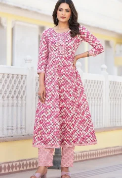 Printed Pure Cotton Aline Suit in Dark Pink and Cream